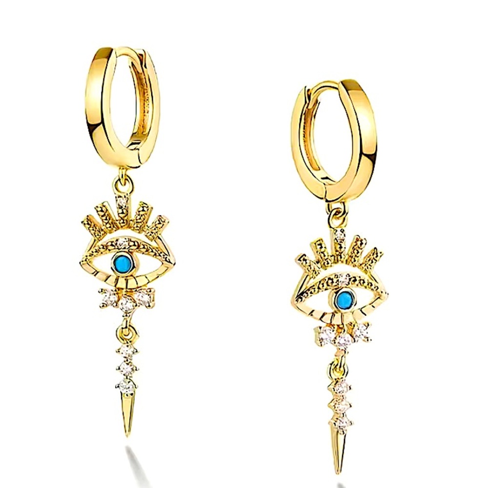 Gold 14K Evil Eye Hoop Zircon Drop Dangling Minimalist Earrings - Picture 2 of 8